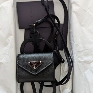 Prada Phone case airpod pro black leather lanyard